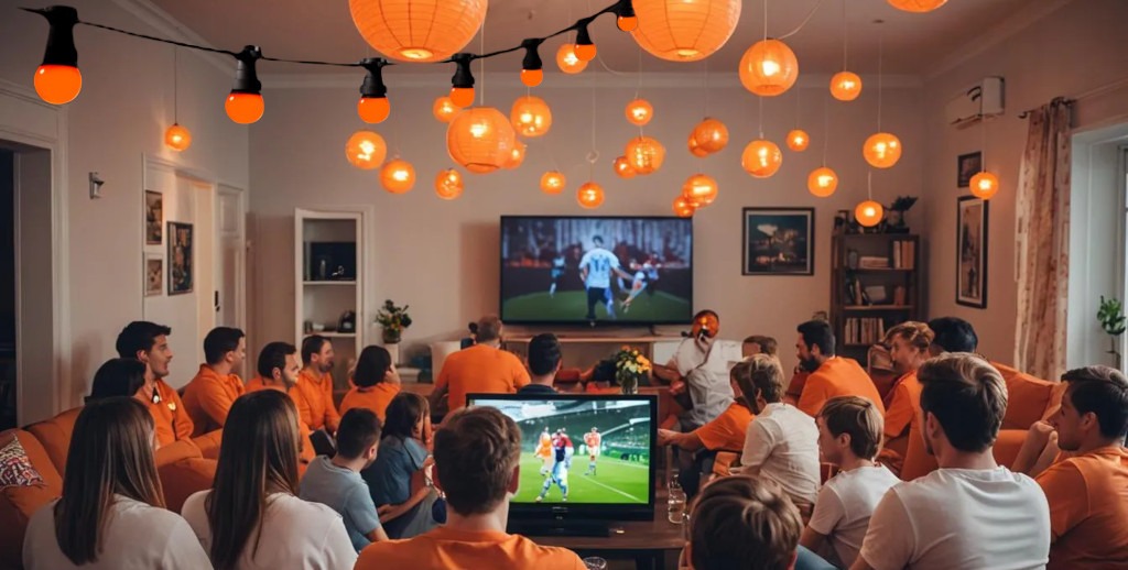 Woonkamer met Oranjefans die voetbal kijken